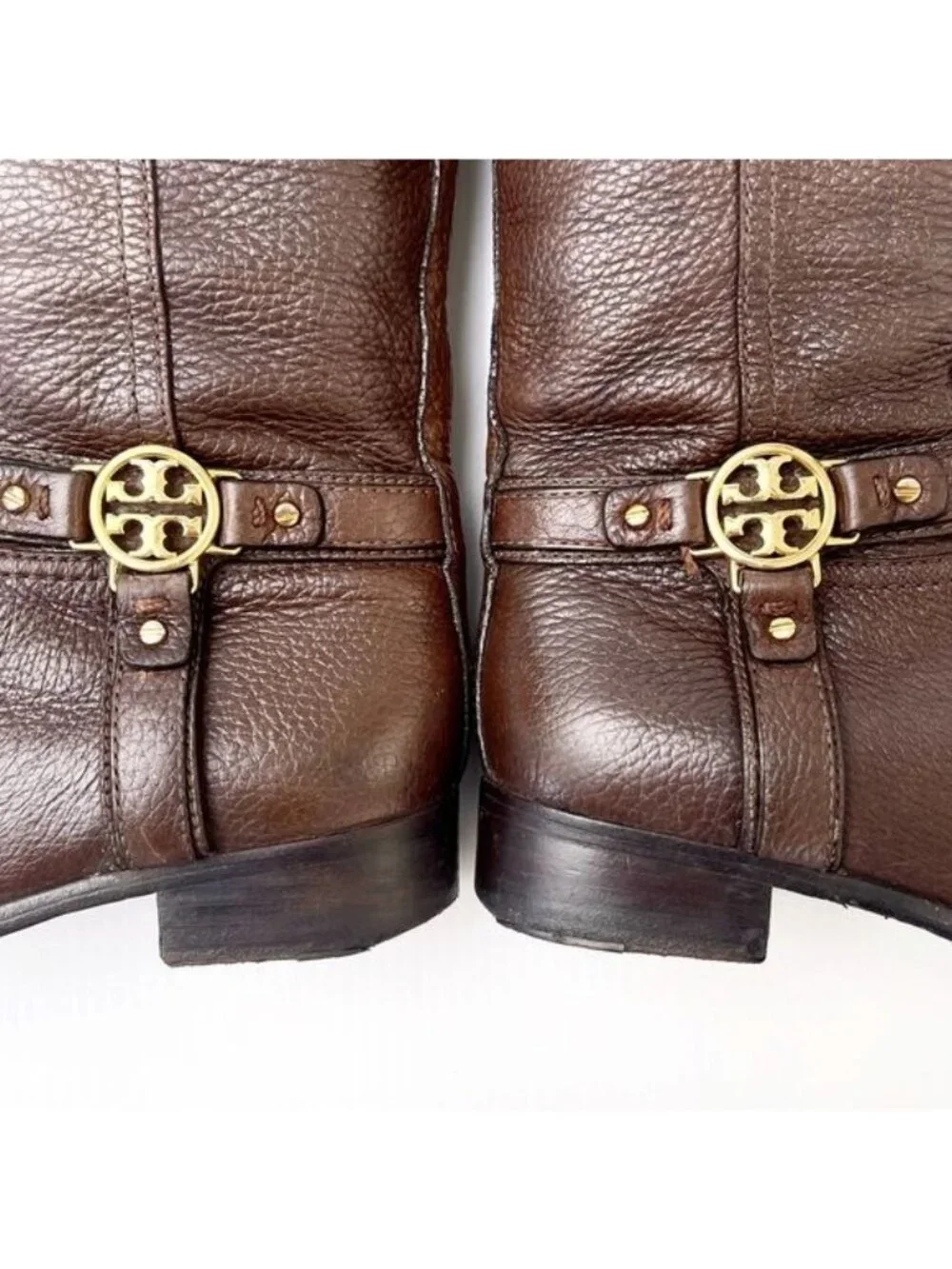 TORY BURCH Brown Leather Riding Boots with golden hardware logo strap 7.5